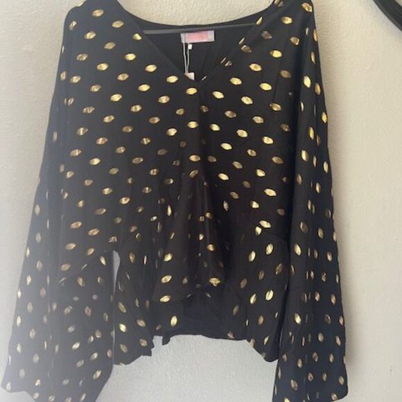 Gold Dot Black Long Sleeve Blouse By C+D+M Collection XL flare sleeve - Picture 3 of 14